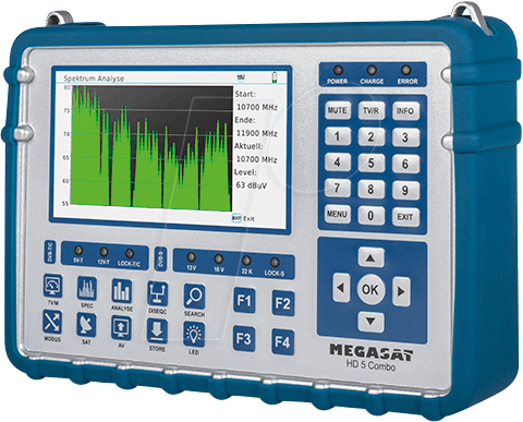 Megasat HD 5 Combo satelliet- en signaalmeter met ingebouwd kleurenscherm waarop een spectrumanalyse te zien is. Het apparaat heeft een robuuste blauwe behuizing en een numeriek toetsenbord met functieknopen voor installatie en diagnose.
