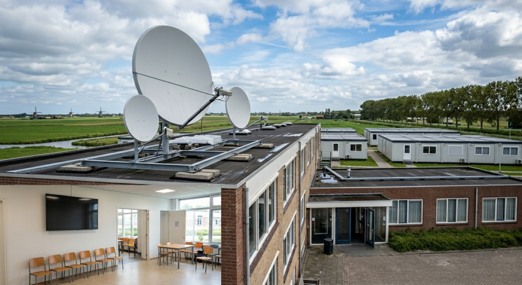 Een opvanglokatie met een satellietschotel op het dak, gezien vanuit de lucht. Op de achtergrond is een uitgestrekt weilandlandschap te zien met een windmolen. Op de voorgrond is een parkeerplaats en een deel van het interieur van het gebouw te zien.